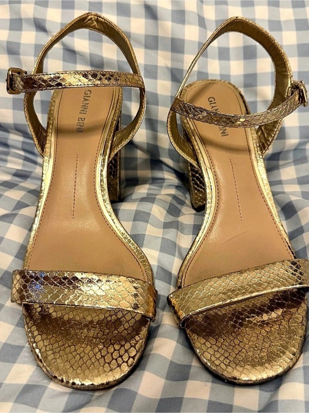 Gianni Bini Dafney Metallic Snake Print Strappy Dress Sandals Gold US 8.5